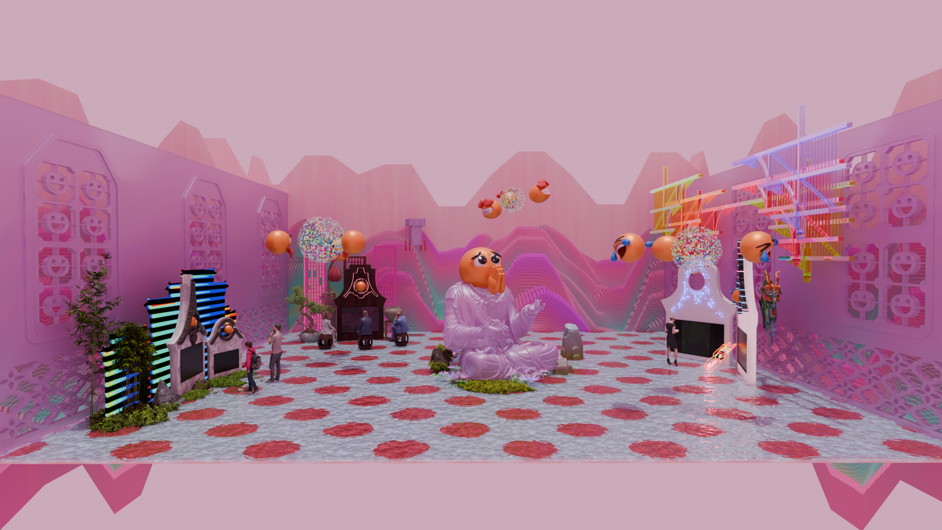 Pink installation scene with a central emoji-headed sculpture and surrounding screens