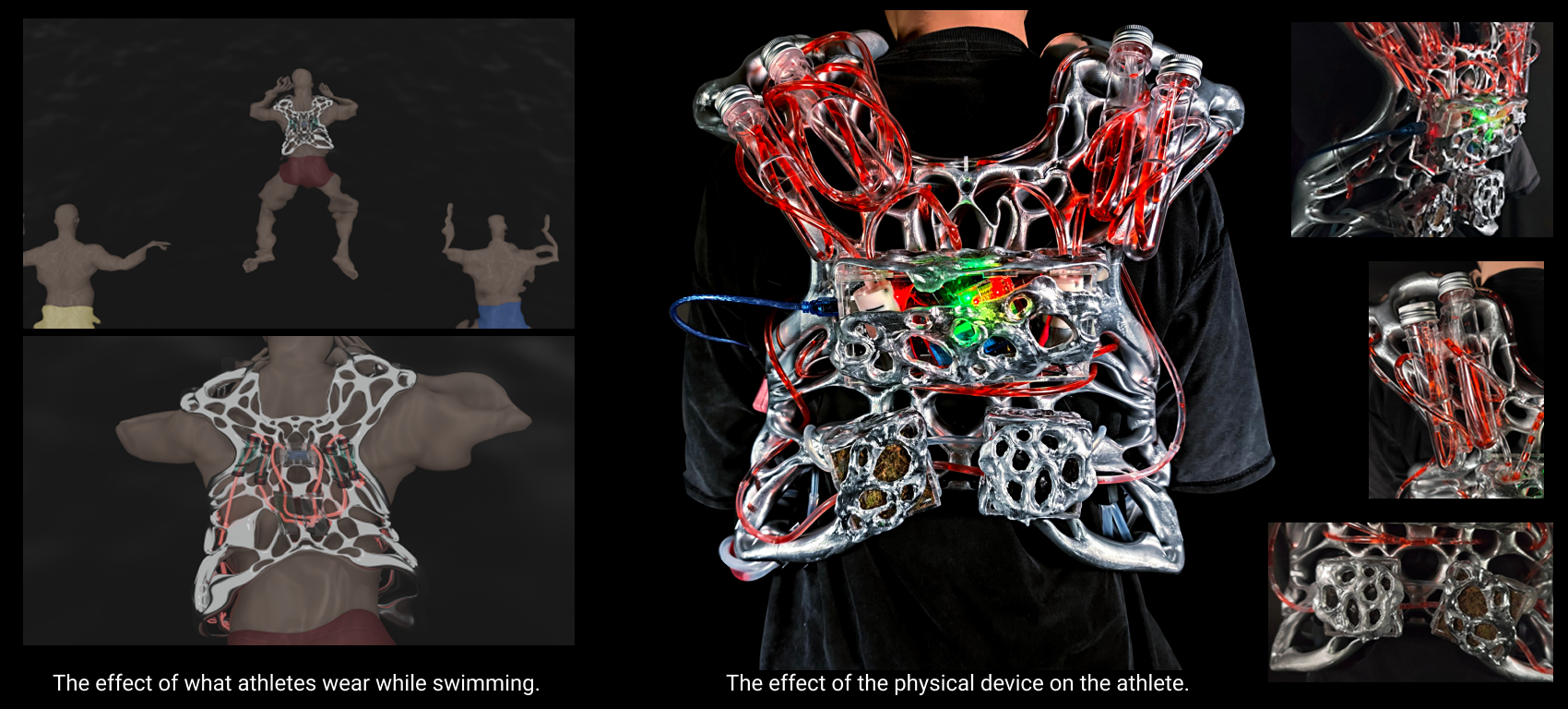 Final physical wearable prototype shown on the body with close-up details