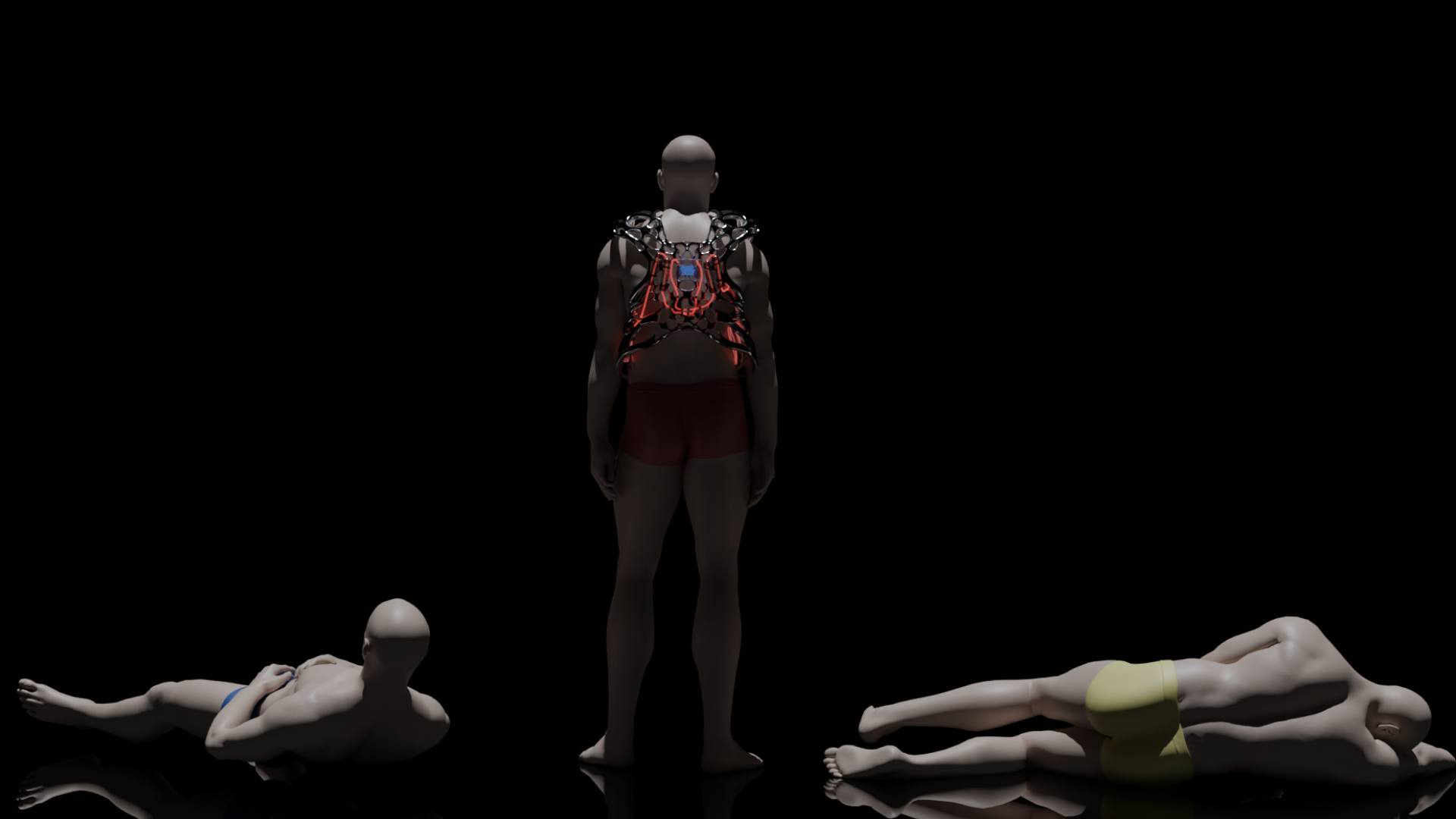 Wearable device shown on a standing swimmer between two reclining figures